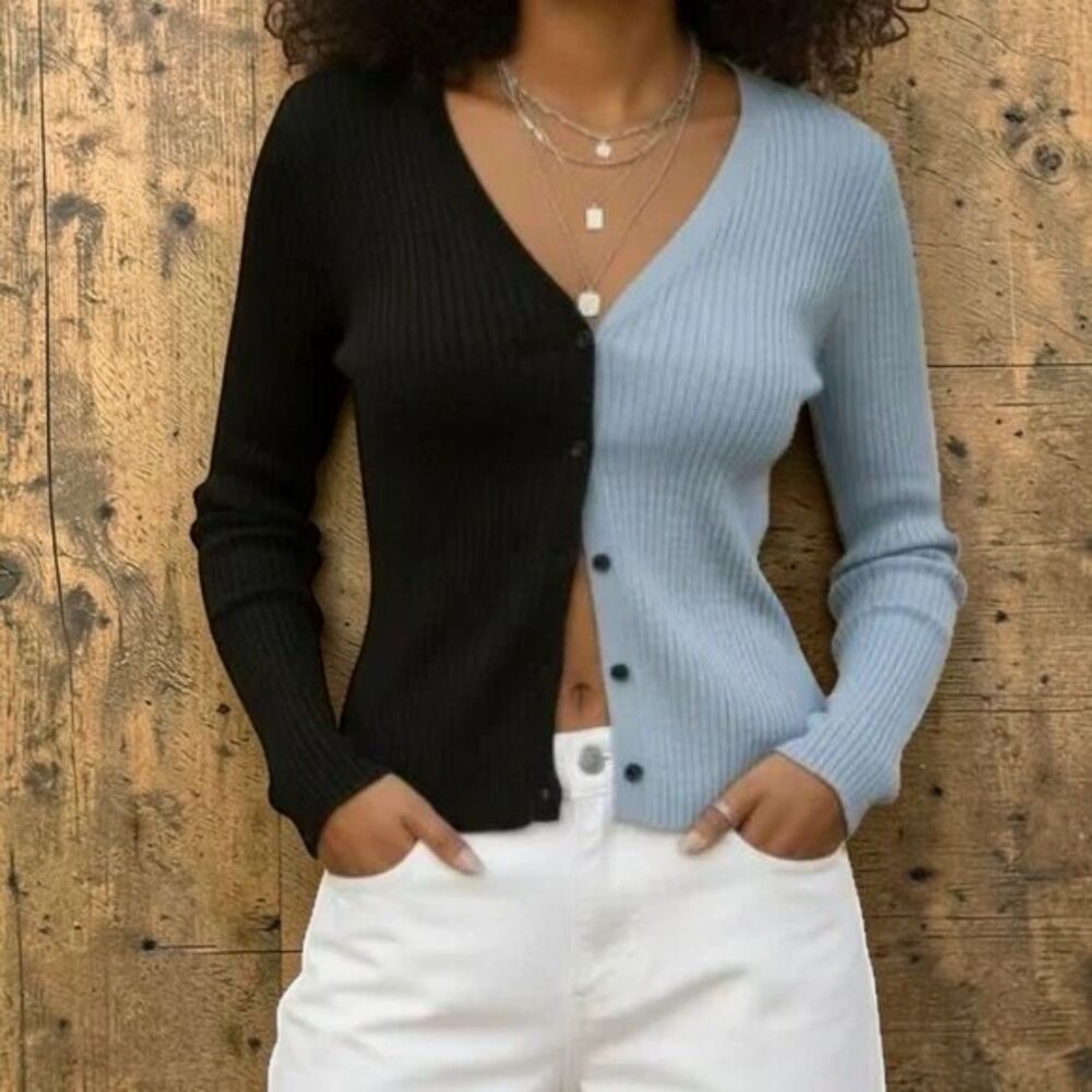 STAUD Clean E-Girl Cargo Color Blocked Shimmery Ribbed Sweater Cardigan